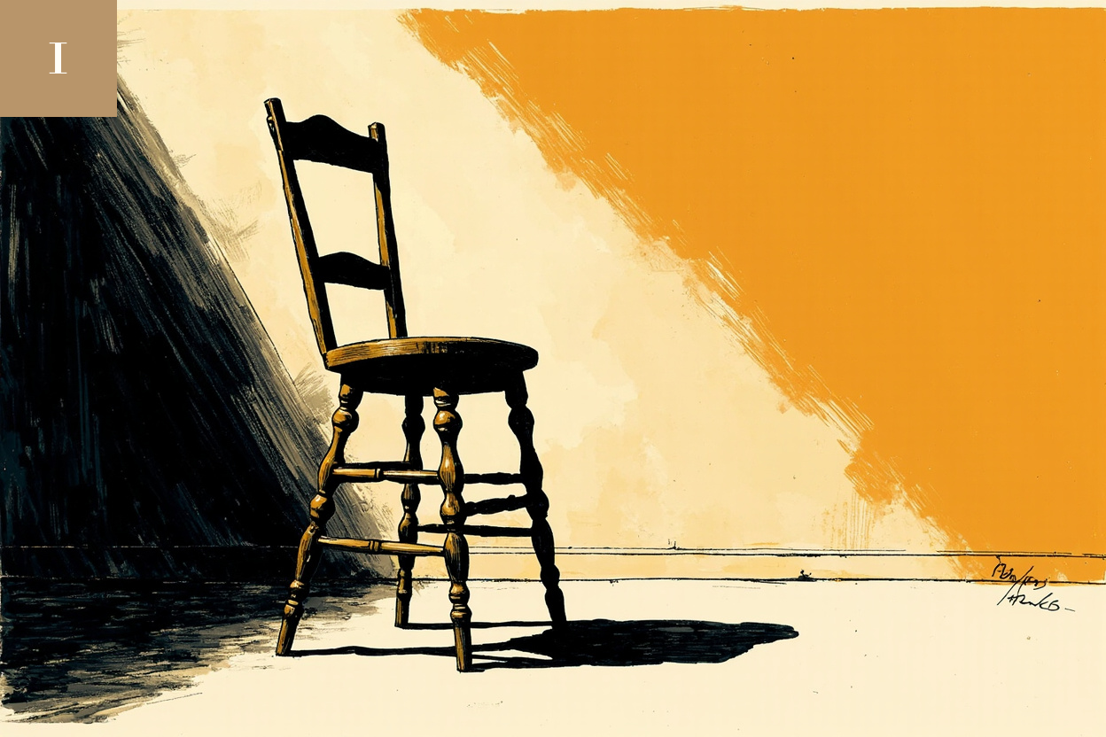 Editorial illustration: an empty witness stand chair under theatrical light