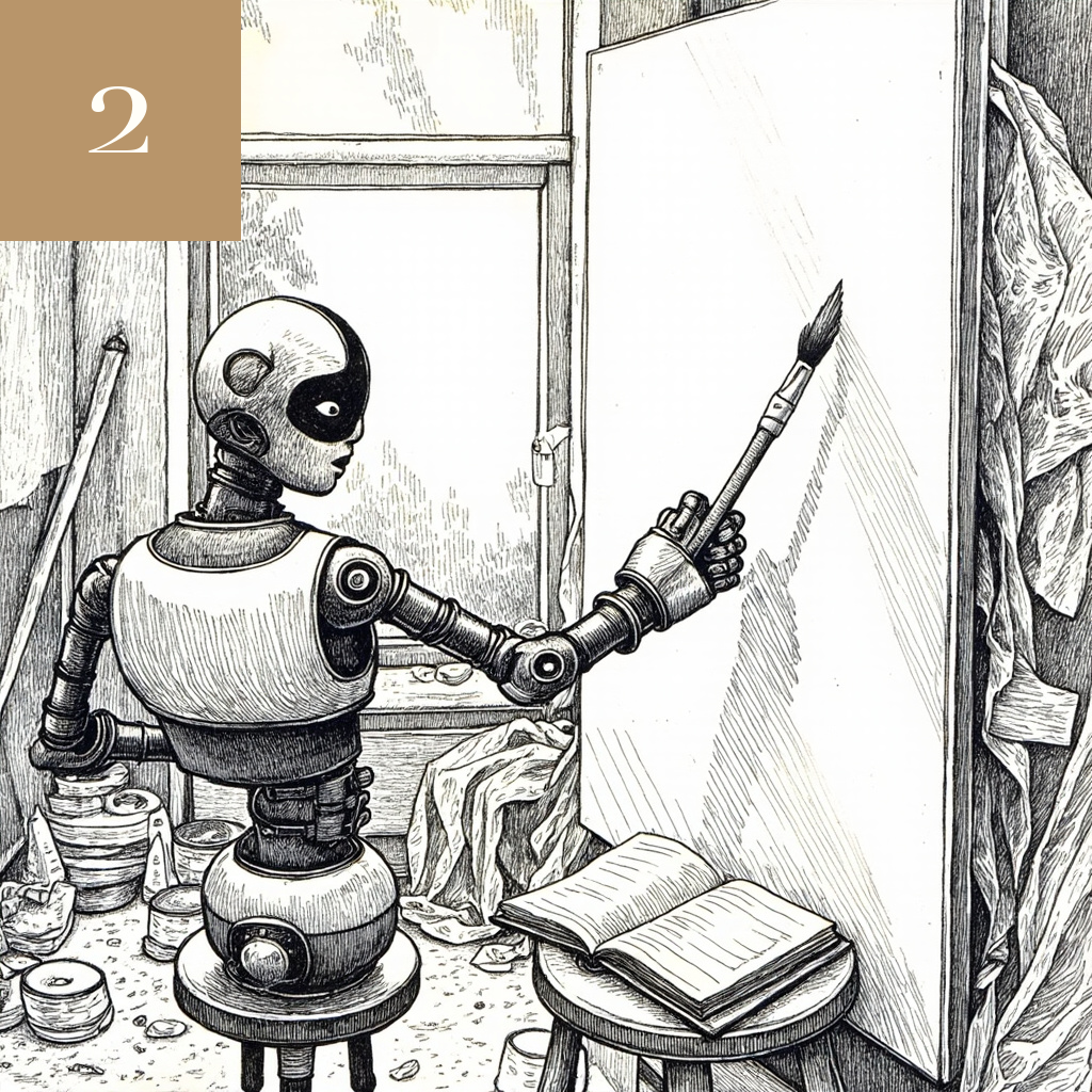 Editorial illustration: robot arm in artist's studio