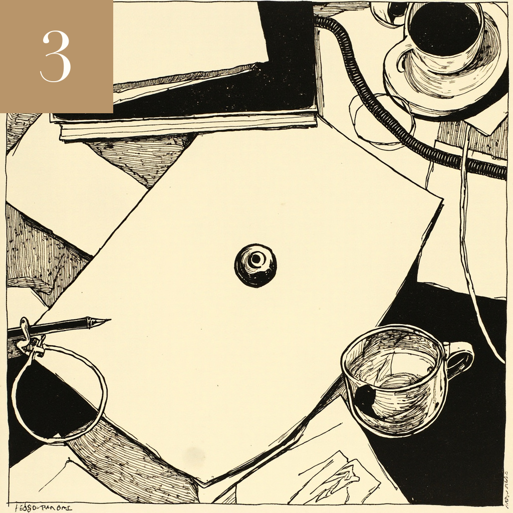 Editorial illustration: empty office desk with surveillance sensor