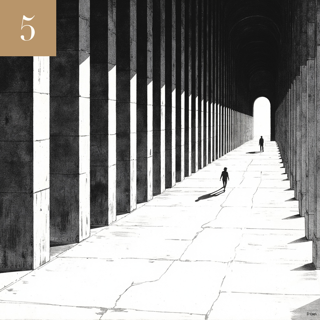 Editorial illustration: brutalist library corridor at dawn